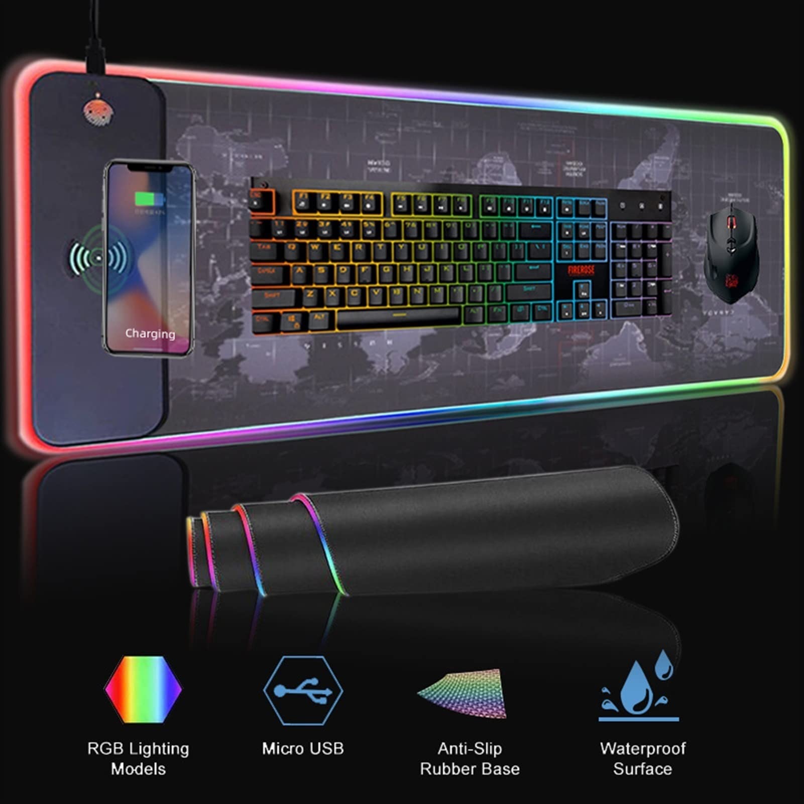 Rgb. Caricabatterie wireless da gioco GUIDATO Grande tappetino da tavolo da tavolo da 10W Desktop Desktop Qi Veloce Wireless Mousepad Tastiera tastiera estesa Tappetino for il mouse for laptop / uffic
