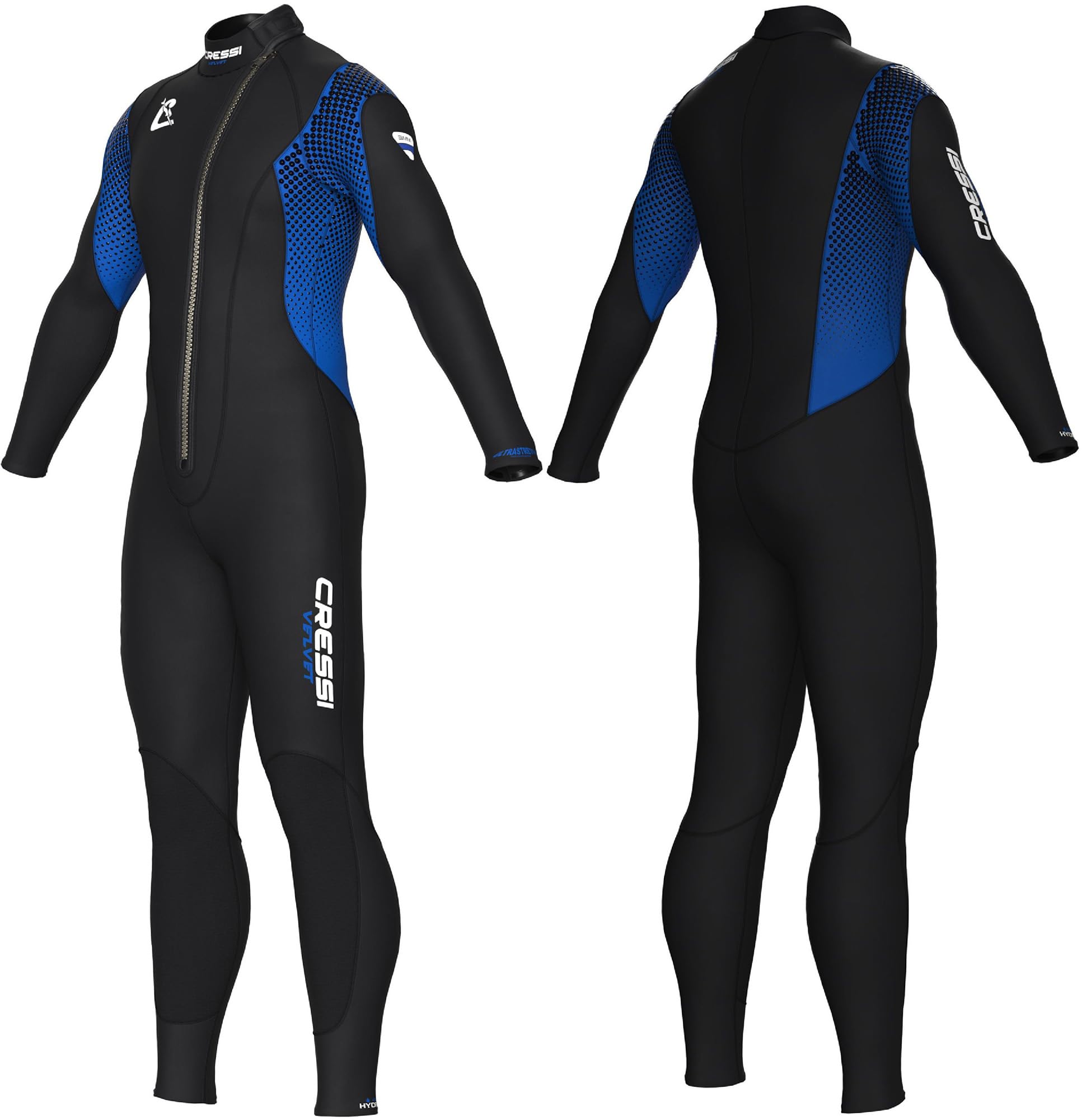CRESSI since 1946 Velvet Man-3mm Ultra Stretch Double-Lined Neoprene One-Piece Wetsuit with Diagonal Front Zipper for Easy Dressing and Undressing-Black/Blue-S/2