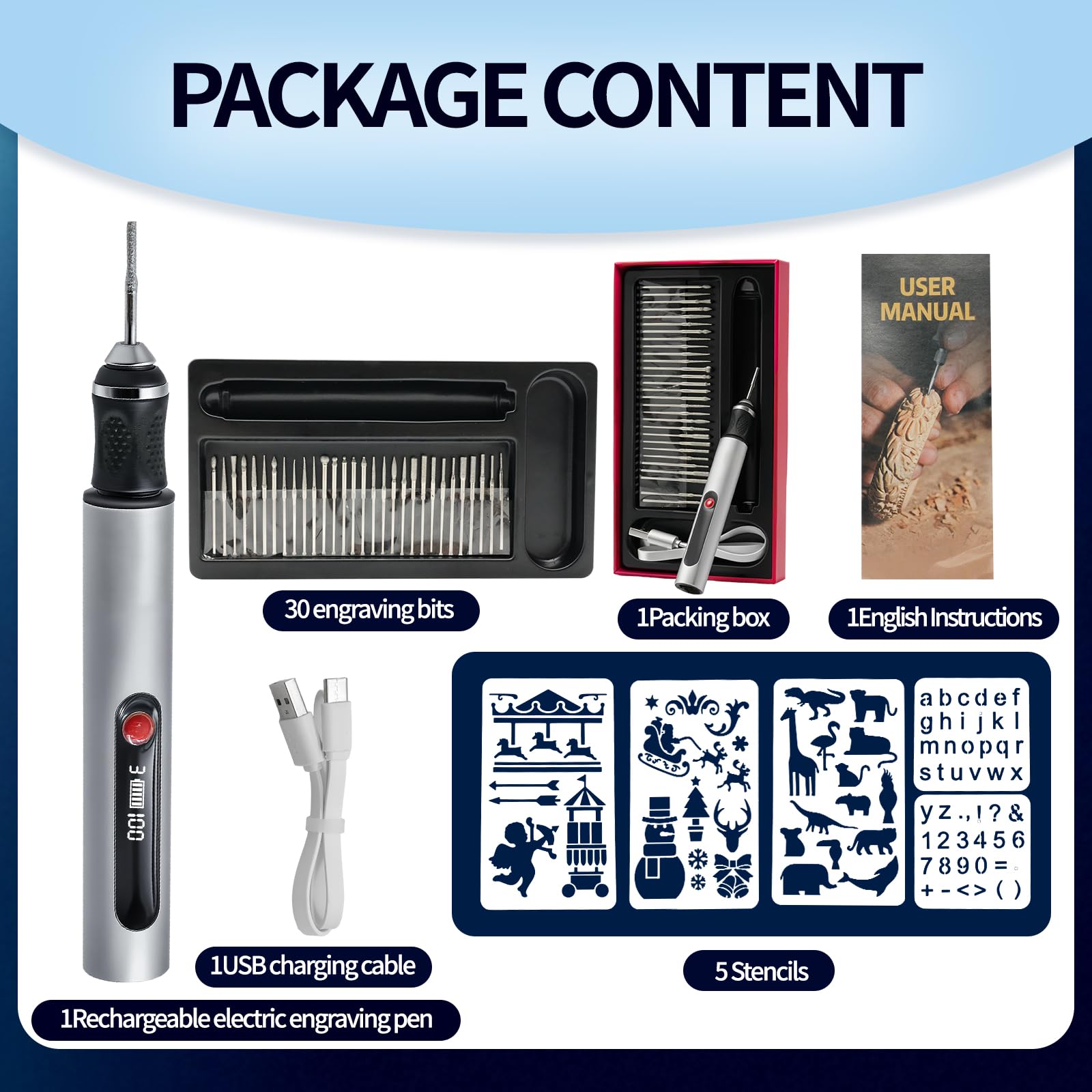 Stylo de gravure électrique avec 30 bits, mini outil de gravure, régulateur à 3 vitesses à 25 000 tr/min, appareil de gravure rechargeable USB pour verre, bois, plastique, céramique pour artistes et