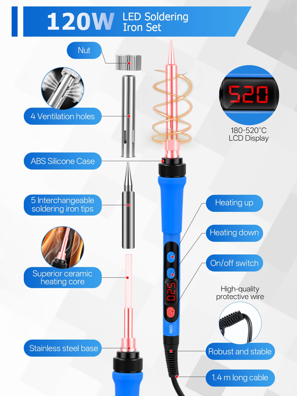 120 W Kit de Fer à Souder Numérique, Ecran LCD, Température Réglable 180-520 °C, Kit Soudage 15 en 1 Comprenant 5 Pannes, Une Pompe à Dessouder et La Soudure Pour L'électronique