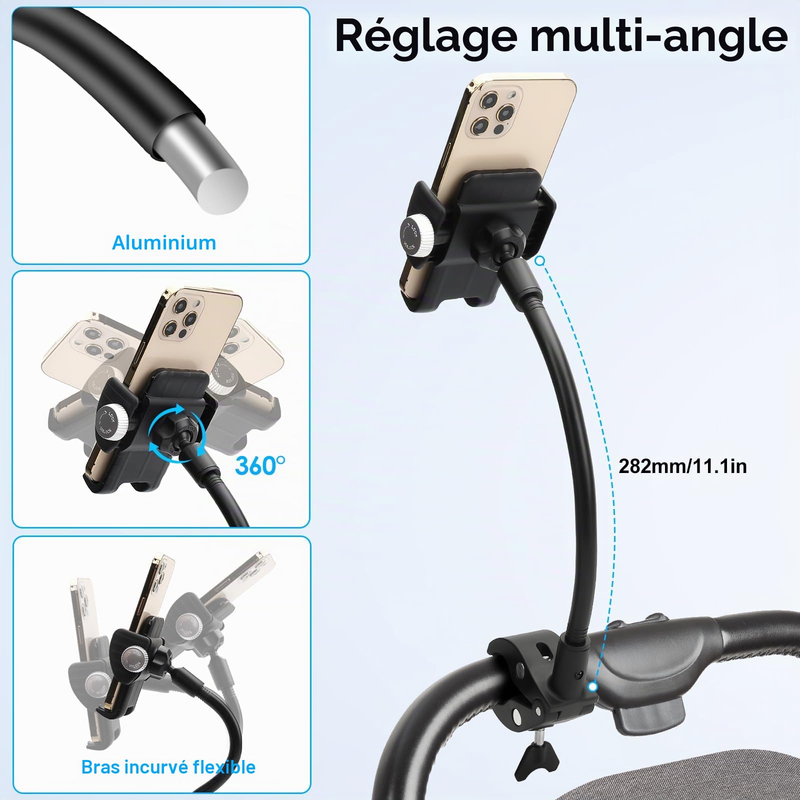 EEEKit Support de téléphone col de cygne pour vélo, rotation à 360°, support de téléphone pour vélo, poussette, fauteuil roulant, support de micro, compatible avec smartphones de 4 à 7 pouces