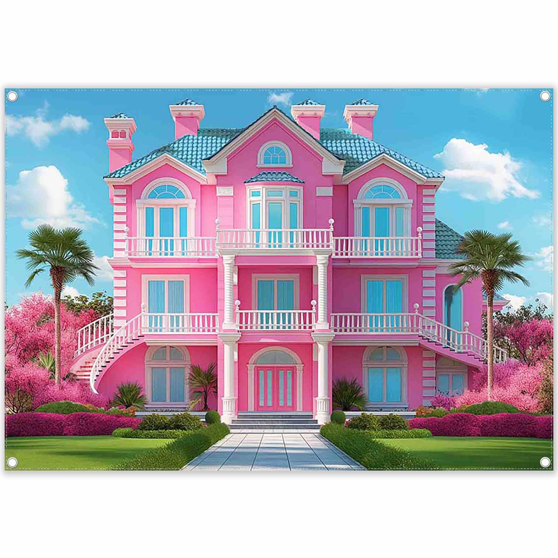ZTHMOE Fabric 7x5ft Pink House Photography Backdrop Princess Castle Mansion Toy Background Summer Tropical Kids Dream Party Decorations Girl Birthday