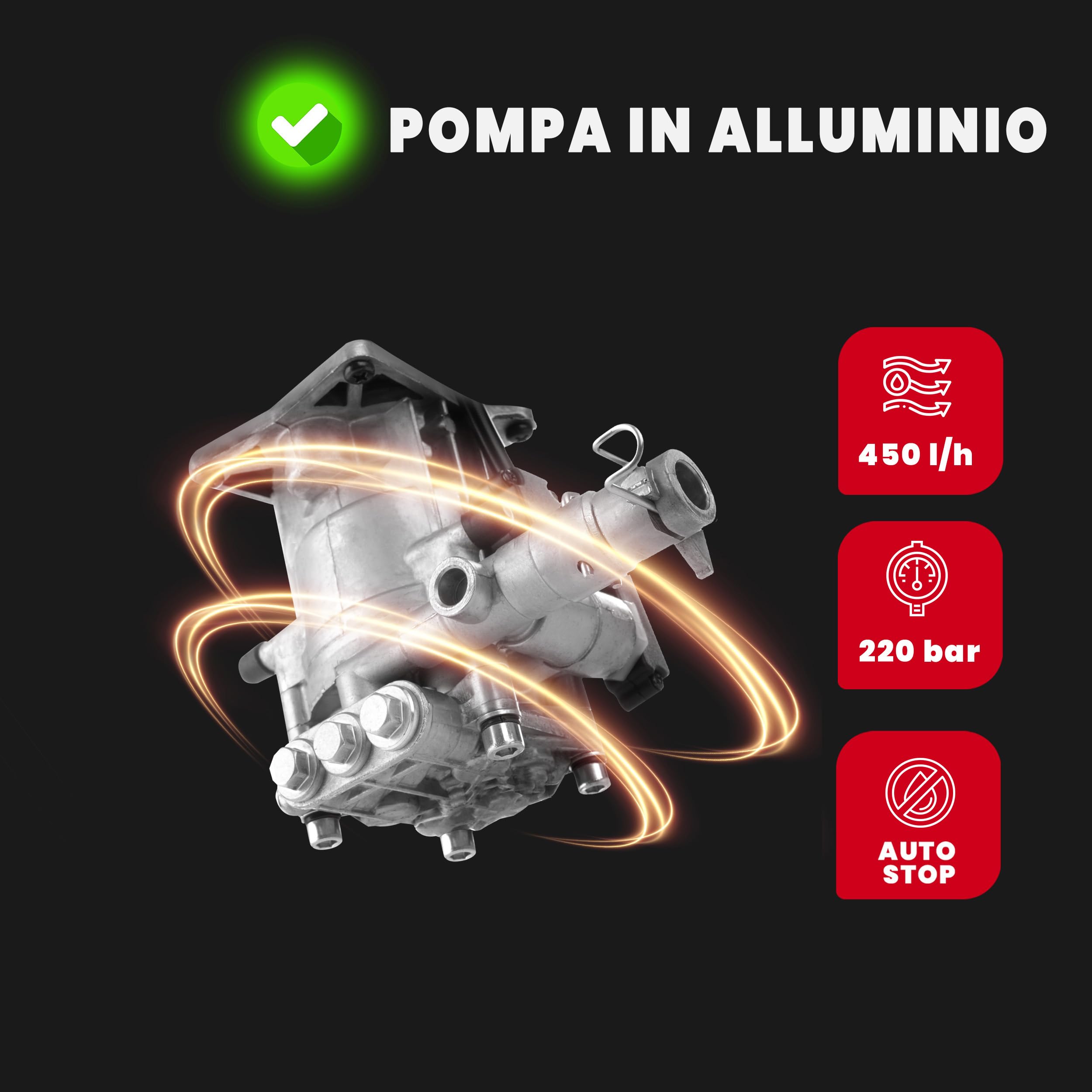 LEHMANN Hudson Idropulitrice Alta Pressione, 1800 W, Pressione Max. 220 Bar, Portata 450 l/h, Autoadescante, Pompa in Alluminio, Tubo da 5 m, Ideale per la Casa, Il Giardino e l'Auto