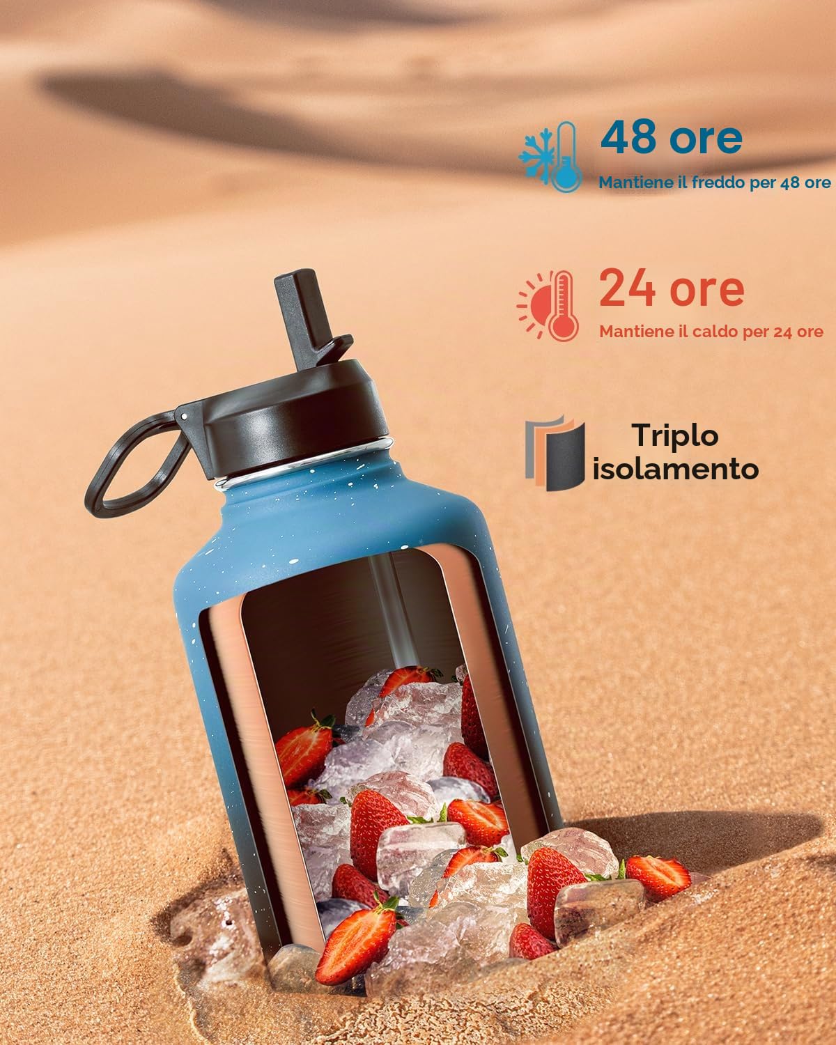 Coolflask Borraccia termica da 1,9 l, con cannuccia e 3 coperchi, brocca per l'acqua da 900 ml, in acciaio inox, per palestra, sport e viaggi, mantiene il freddo fino a 48 ore e caldo per 24 ore