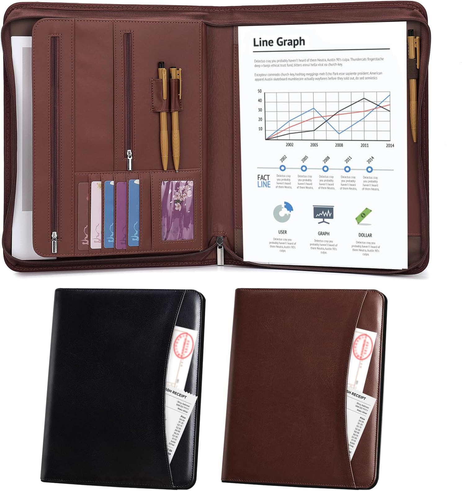 Premium PU Leather A4 Folder - Versatile Portfolio with Zipper Closure, Pen Holders, Business Card Slots & Tablet Sleeve - Ideal for Students, Professionals, & Special Occasions, DeepBrown