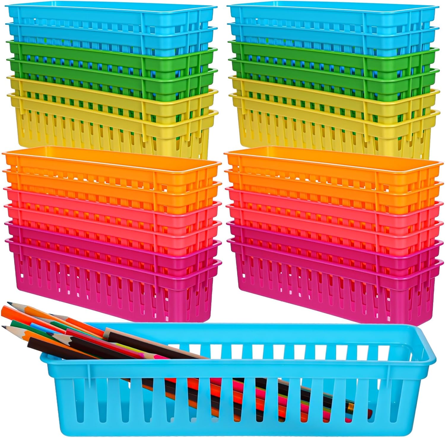 24-Pack Colorful Pencil Holders – PVC Classrooms Storage Baskets for Desk Organization, Learning Places Supplies, and Home Use (Blue/Green/Yellow/Orange/Red/Purple, 4 Each)