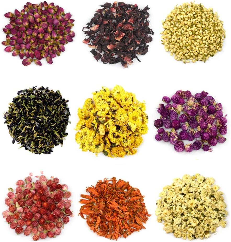 MISSYOUNG Natural Dried Flowers for Soap Making, Candle Making, Bath Bombs, Resin Jewelry, DIY Craft (9 Pack) Rosebuds, Jasmine, Hibiscus, Lily, Gomphrena Globosa, Chrysanthemum, Butterfly Pea Flower