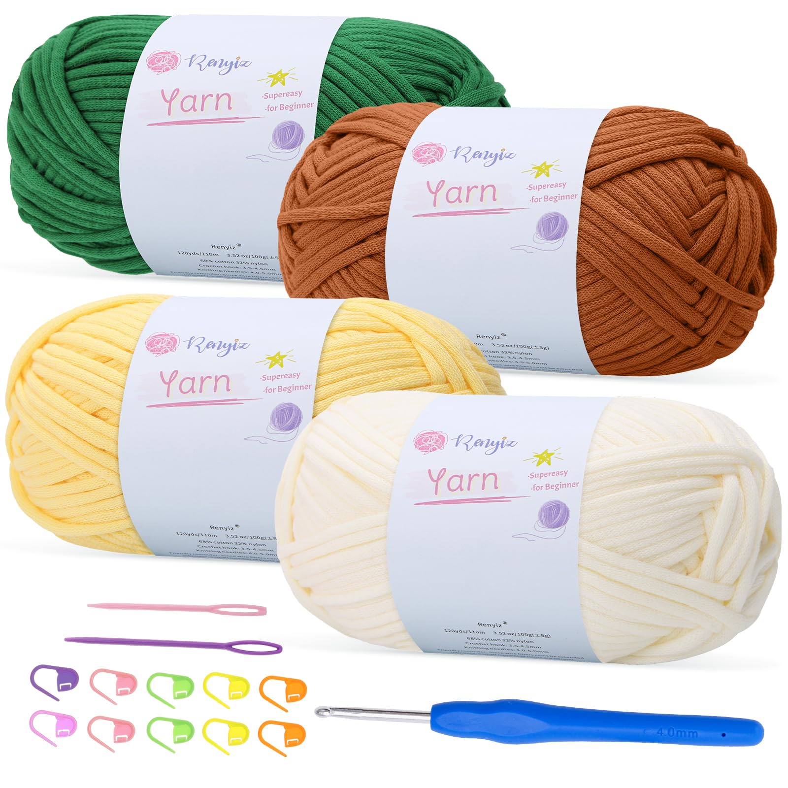 Renyiz 4-Pack 100g Chunky Cotton Crochet Yarn with 4mm Hook, Soft Non-Split Thick Yarn for Amigurumi DIY Gifts Home Decor