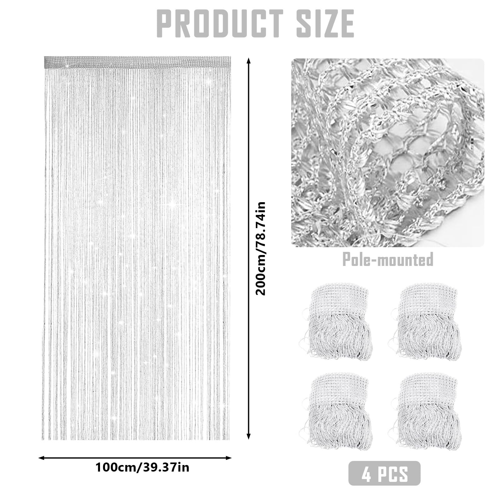 MeYuxg 4 Tenda per Porta con Frange Glitter,100 x 200cm Pannello Tenda a Fili,Effetto Cascata di Rugiada,Divisorio per Camere,per matrimoni, feste,Finestre, Decorazione (Bianco)