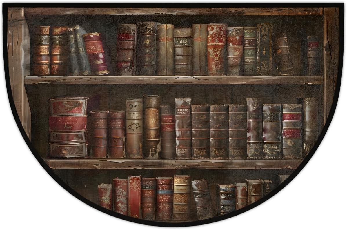 Half Round Doormat Non-Slip Washable Brown Retro Bookshelf Semi Circle Rug Soft Absorbent Half Moon Mat for Indoor Outdoor Entrance Kitchen Bathroom Sink Patio Welcome Fireplace Floor Rug