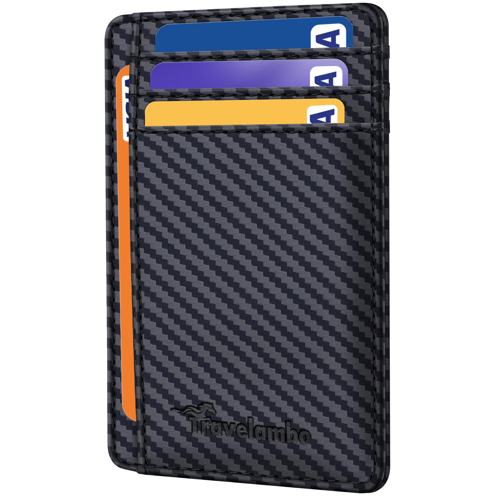 TravelamboSlim Wallet Front Pocket Minimalist Leather RFID Blocking Medium Size (Carbon Fiber Black)