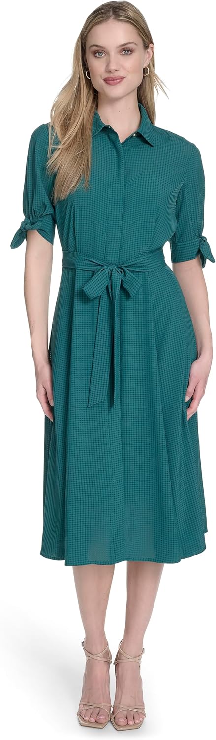 Calvin Klein Womens Short Tie Sleeve Collared Belted Midi Shirtdress