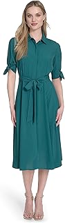 Calvin Klein Womens Short Tie Sleeve Collared Belted Midi Shirtdress