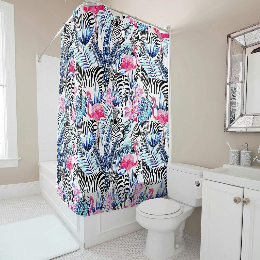 Sweet Luck Flamingo Shower Curtain Anti-Mould Waterproof Washable Fabric Curtain Polyester Textile Bathroom Curtain with Curtain Hooks for Bathroom White 180 x 200 cm