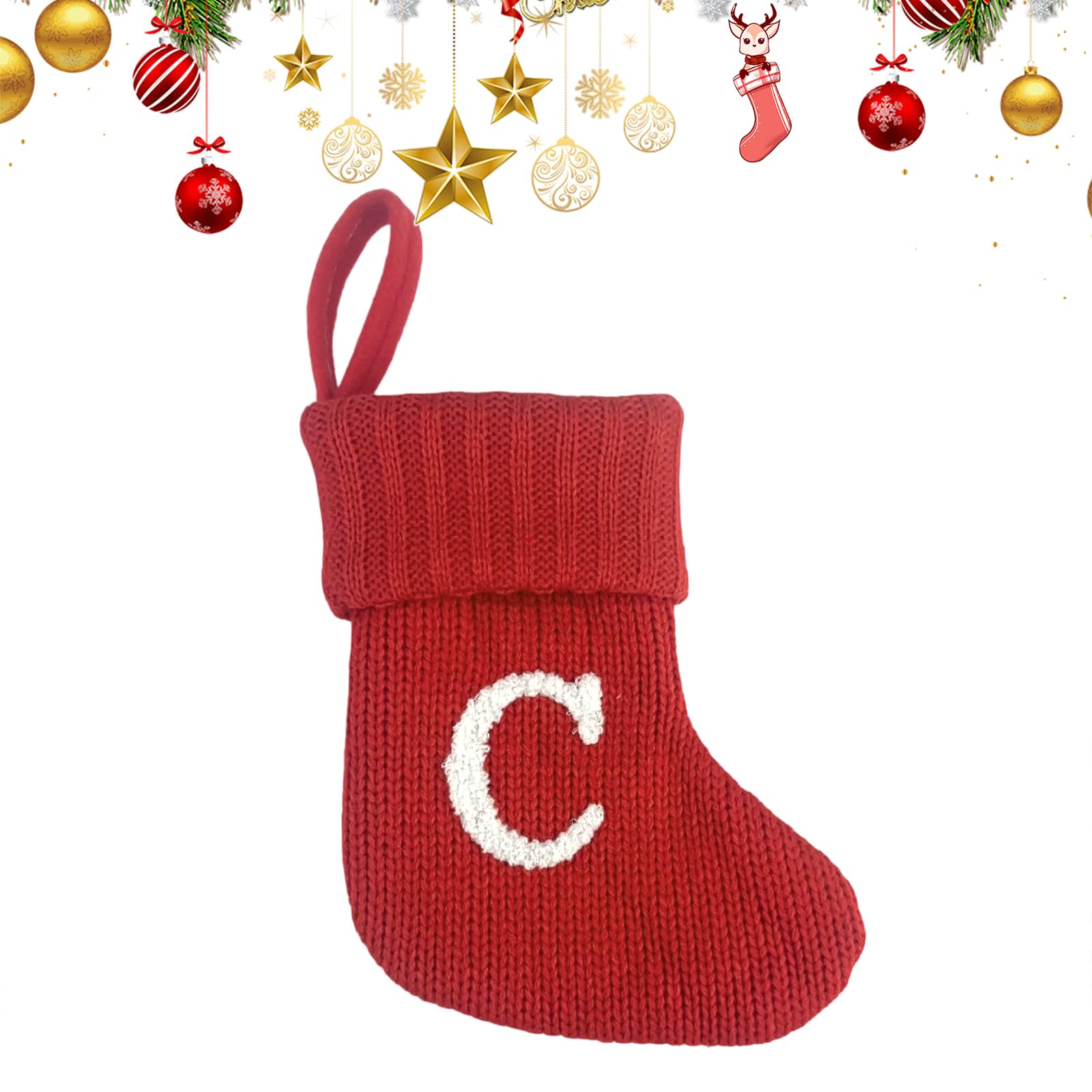 Uoaesr C Hristmas Stocking, Knitted Festive Sock With Embroidered Letter, 18X15cm Personalized Hristmas Stockings, Hanging Stocking For Fireplace & Tree Decor, Personalised Gift Bag (C)
