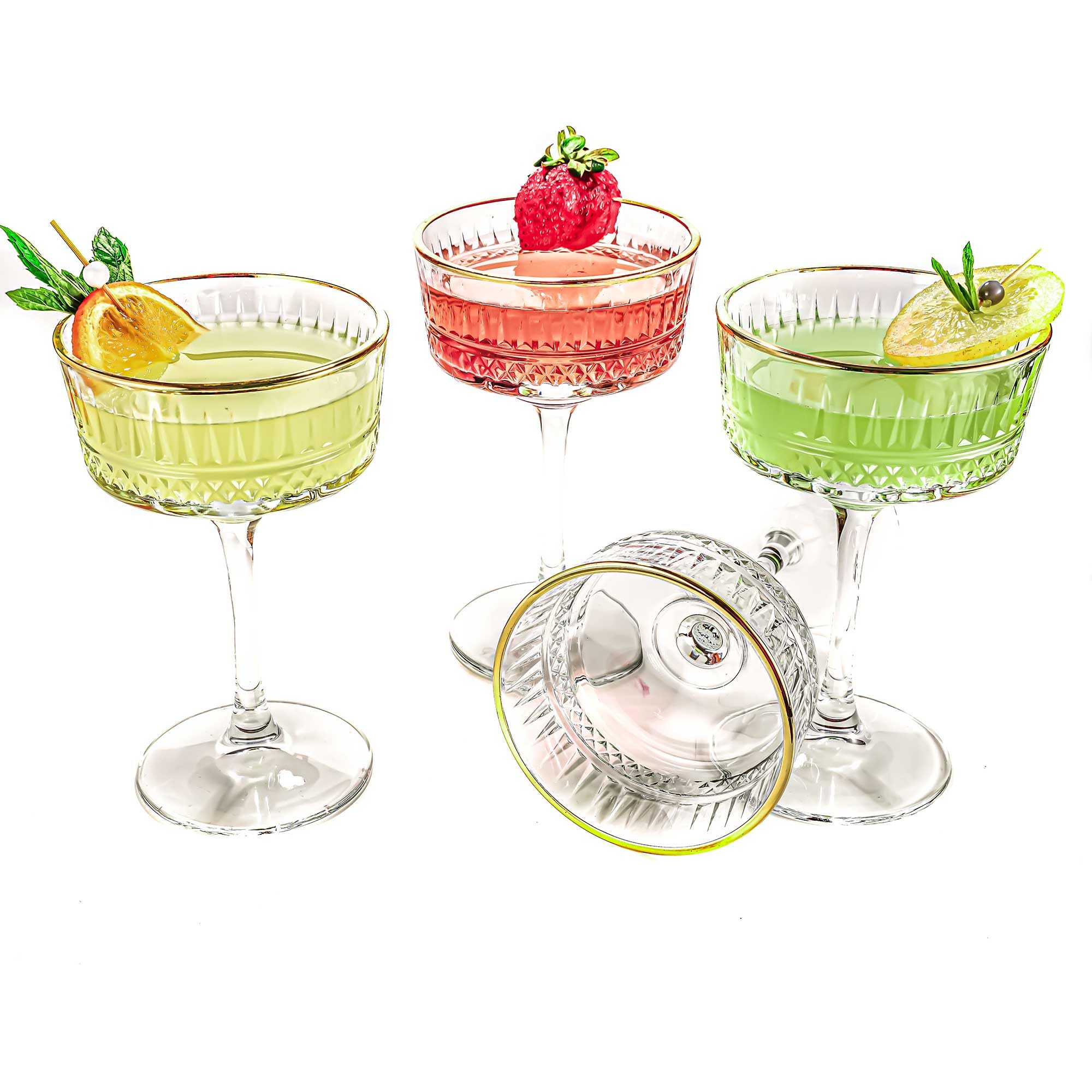 Verres Coupés à Bords Dorés Vintage Lot de 4, 260 ml/8,8 oz. Champagne, Cocktail, Martini, Verres à Vin, Verre à Gin et Prosecco, Verrerie à Longue Tige