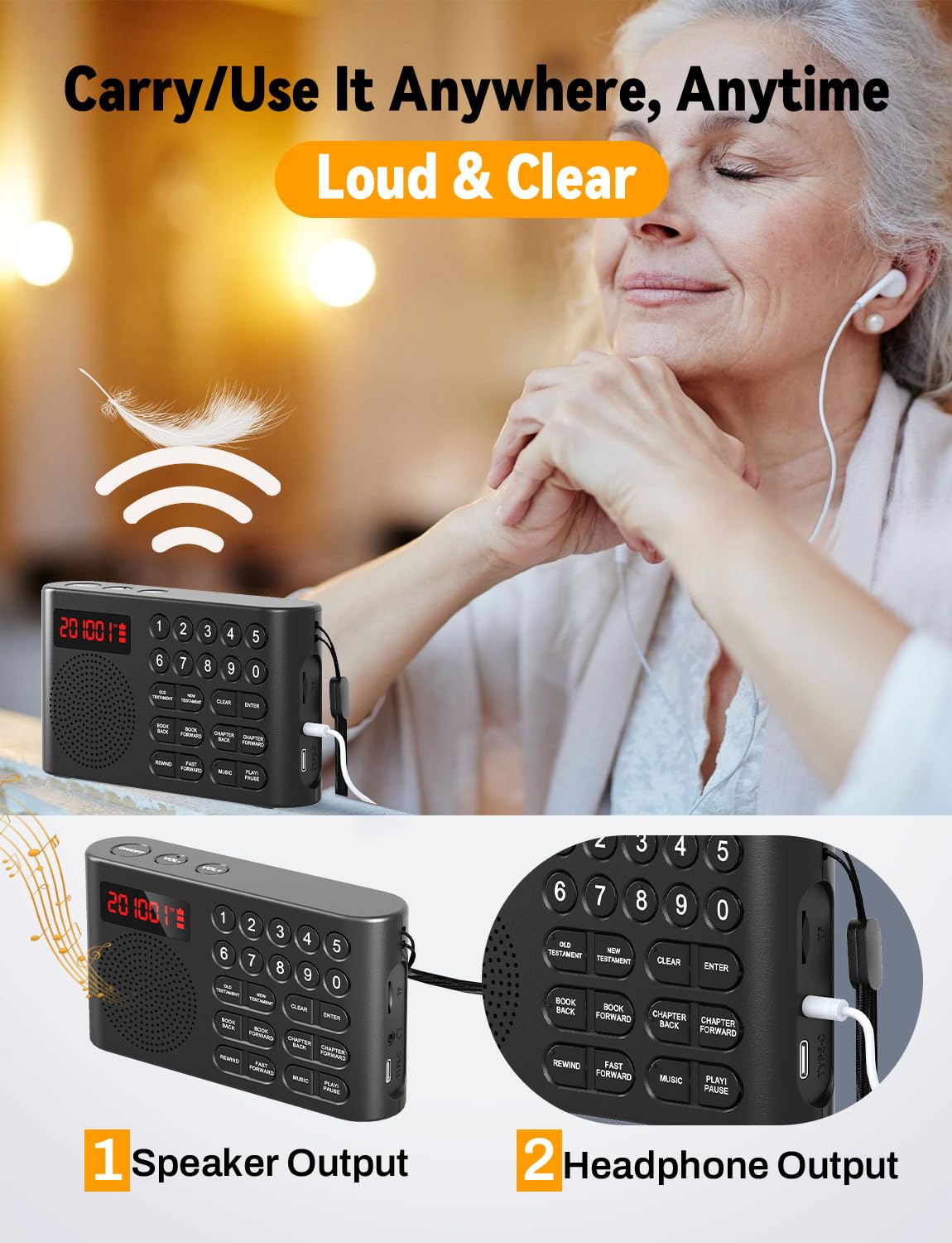 KJV - Reproductor de audio de la Biblia para personas mayores, con discapacidad visual (negro) | King James - Biblia electrónica de audio, disléxicos y no lectores, portátil, regalo religioso con conector para auriculares