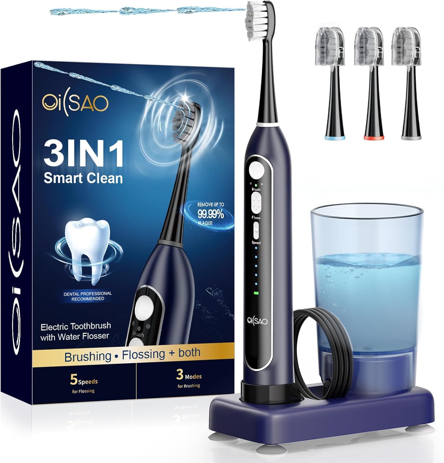 Electric Toothbrush with Water Flosser, Upgraded 2.0 Flossing Toothbrush with 5 Speeds & 3 Modes, 30 Days/Charge, for Teeth Cleaning and Plaque Removal, Sensitive Teeth & Dental Implants-Dark Blue