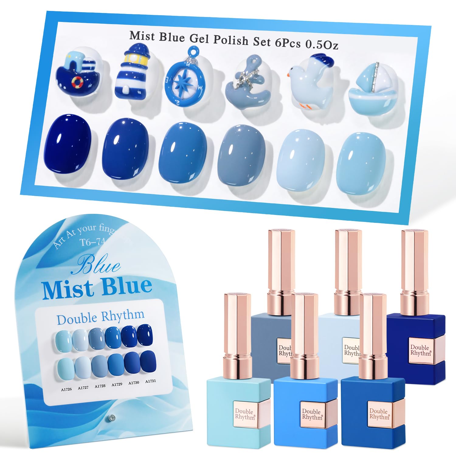 Double Rhythm 6 Pcs 15 ML Gel Polish Set Same Color Same Bottle Soak Off Gel Polish Kit Nail Art Manicure Salon DIY at Home for Women (Pale Dark Midnight Blue Navy Gray -T6-74)