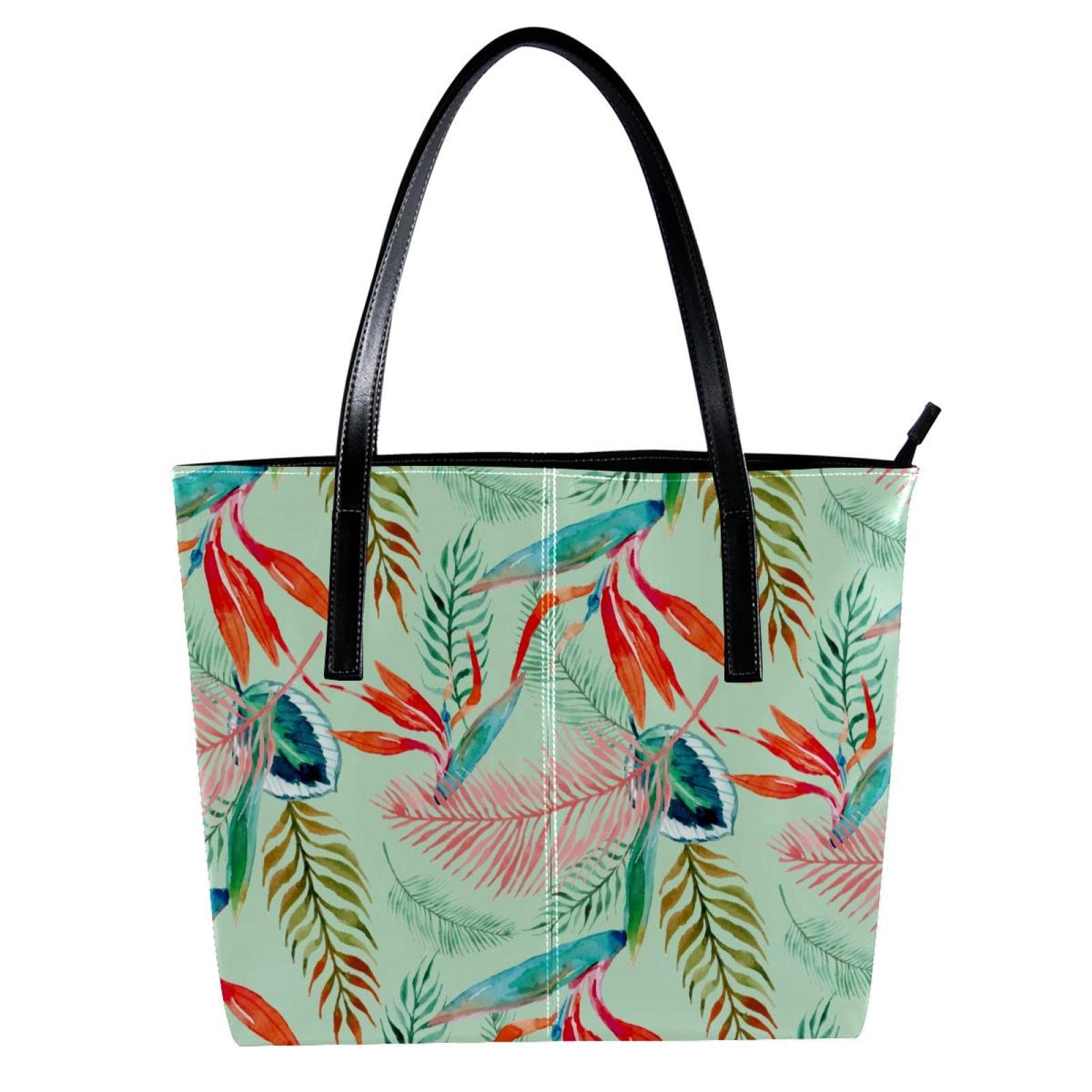 Bolso personalizado de piel sintética con hojas de acuarela tropicales verde naranja, Varios colores