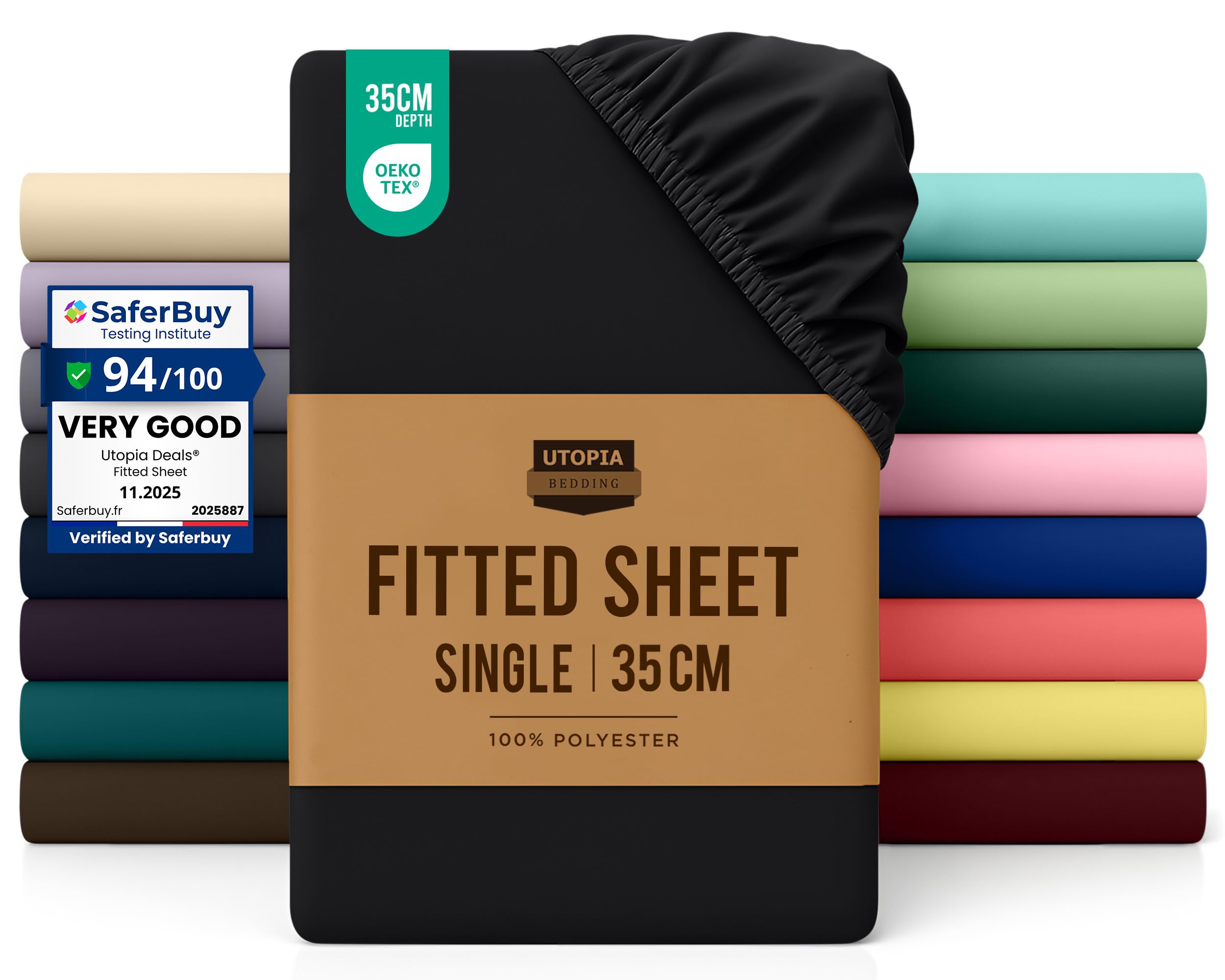 Fitted Sheet Single, Black - Deep Pocket 14 inch (35 cm) - Easy Care - OEKO-TEX Certified - Soft Brushed Microfibre Fabric - Shrinkage and Fade Resistant - Bottom Sheet