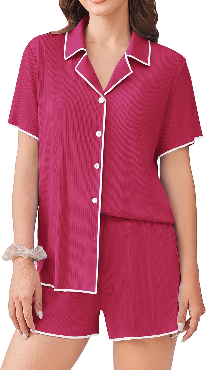 Ekouaer Women's Ribbed Button Down Pajamas Sets 2 Piece Short Sleeve Shorts Pjs Knit Lounge Sets