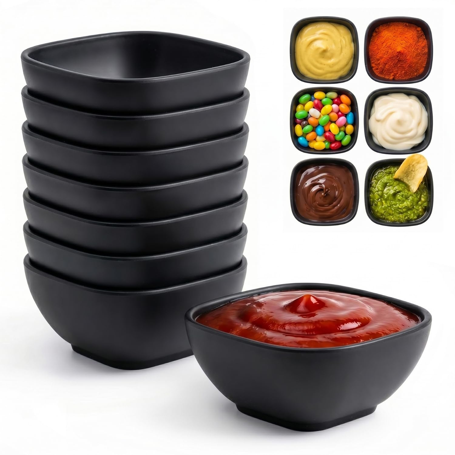 Wrova Reusable Dipping Bowls | Set of 8 | 5oz Mini Serving Dishes for Sauce, Soy Sauce, Sushi & Side Dishes, Microwave & Dishwasher Safe Plastic Small Bowls for Indoor and Outdoor - Black