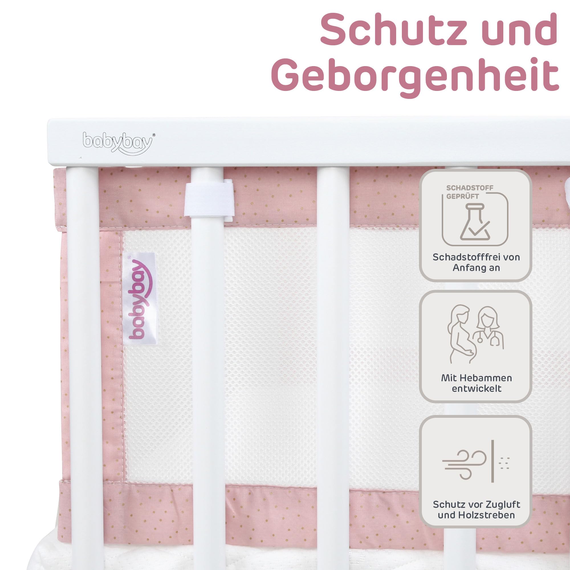 babybay Nestchen 3D Mesh Royal passend für Modell Maxi, Boxspring, Comfort und Comfort Plus, rosé Glitzerpunkte gold