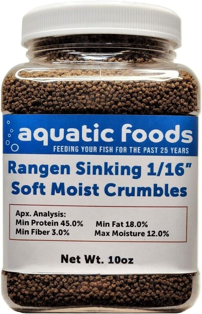 Aquatic Foods Inc. 1/16" Soft Moist Sinking Salmon Crumbles for Baby Axolotls, Shrimp, Snails, Crabs, Small Amphibians, Bottom Tropical Fish ...10oz Small Jar