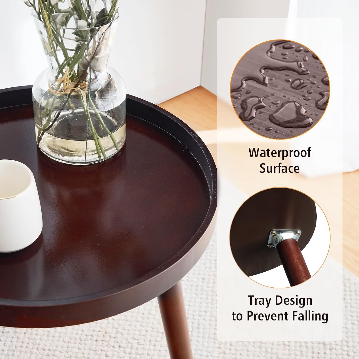 Apicizon Round Side Table, Brown Tray Nightstand Coffee End Table for Living Room, Bedroom, Small Spaces, Easy Assembly Bedside Table, 15 x 18 Inches