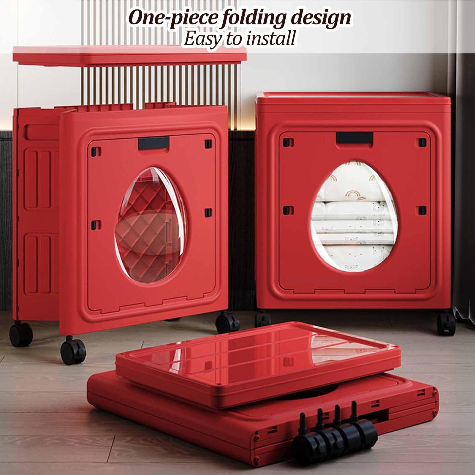 Wäschekorb mit Deckel, rollbarer Wäschekorb mit Rollen, großer faltbarer Wäschekorb, freistehender Kleiderorganizer für Schlafzimmer, Wohnung (56 * 38 * 66,5 cm)(Red)