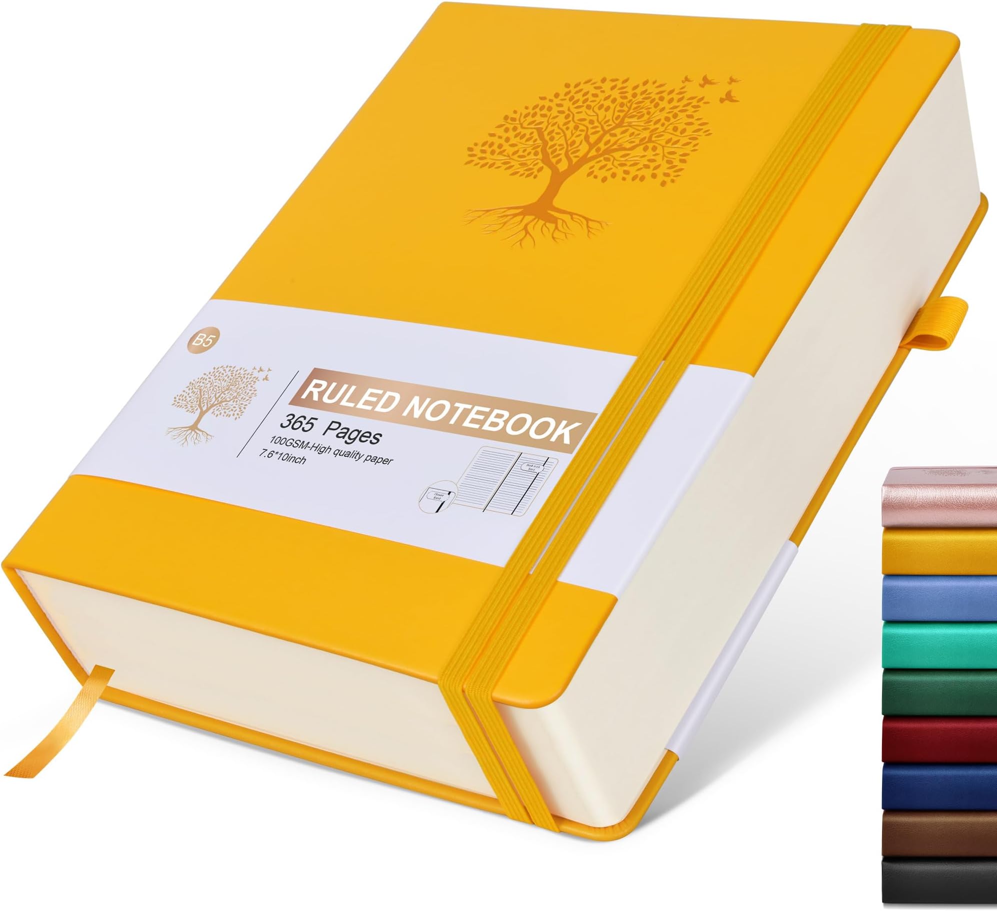 Lined Journal Notebook, 365 Pages B5 Journals for Writing College Ruled Notebook, Hardcover Leather Journal for Women Men, Daily Notebook for Work, Note Taking,100Gsm Thick Paper( 7.6'' X 10'' Yellow)