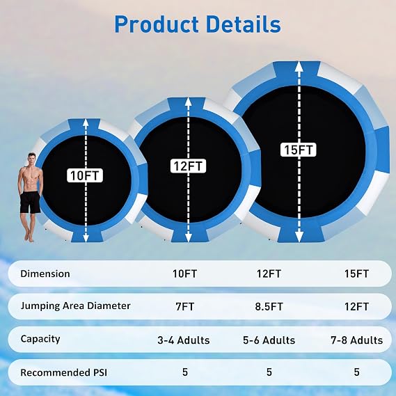 10/12/15FT Inflatable Water Trampoline for Lake Without Pump Blue