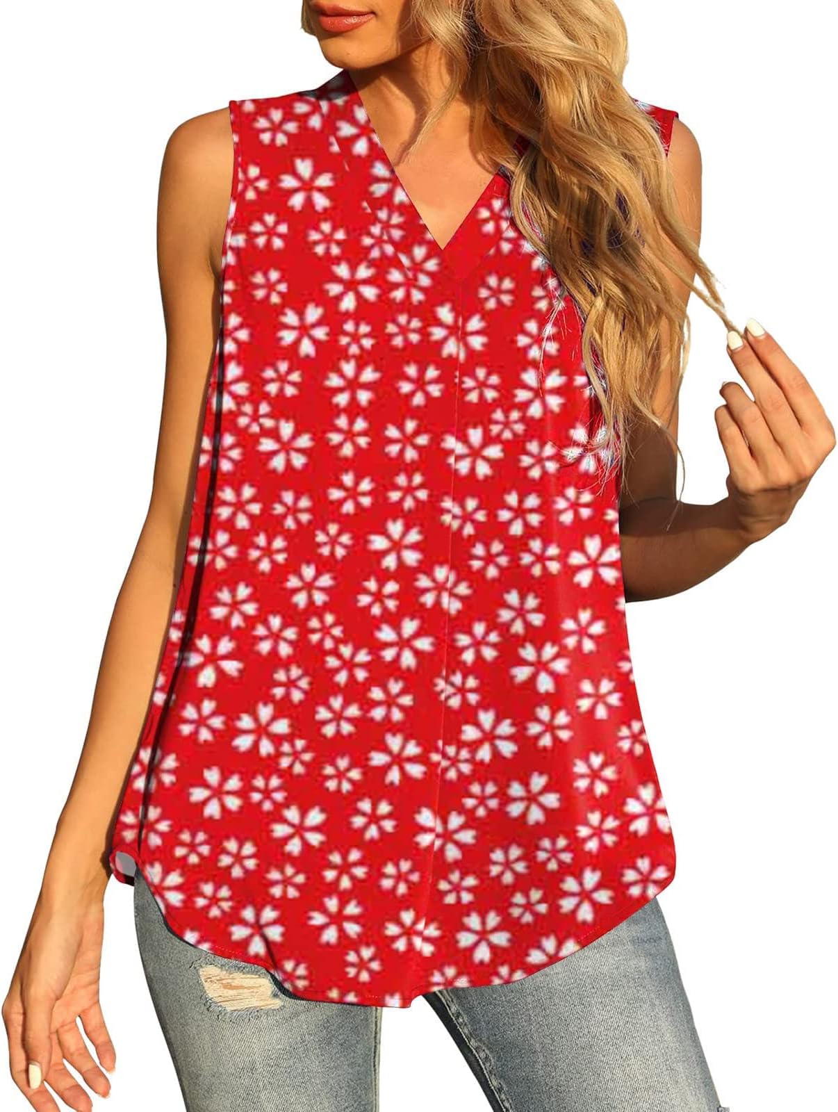 Summer Womens Floral V Neck Tank Tops Fashion Casual Print Sleeveless Sexy Tunic Shirts Loose Fit Comfy Camis Vintage Blouse
