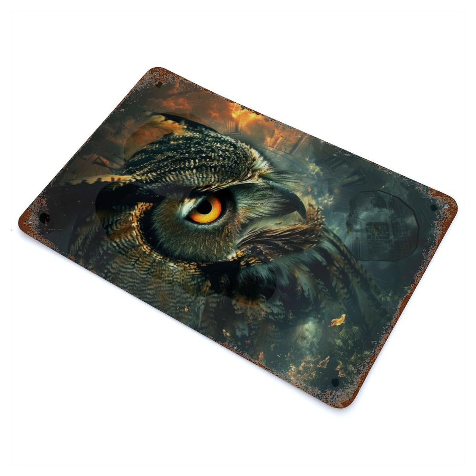 Retro Metal Sign with Stygian Owl Design 11.8"x7.9", for Farmhouse, Kitchen And Entryway Decor, Shabby Chic Decor