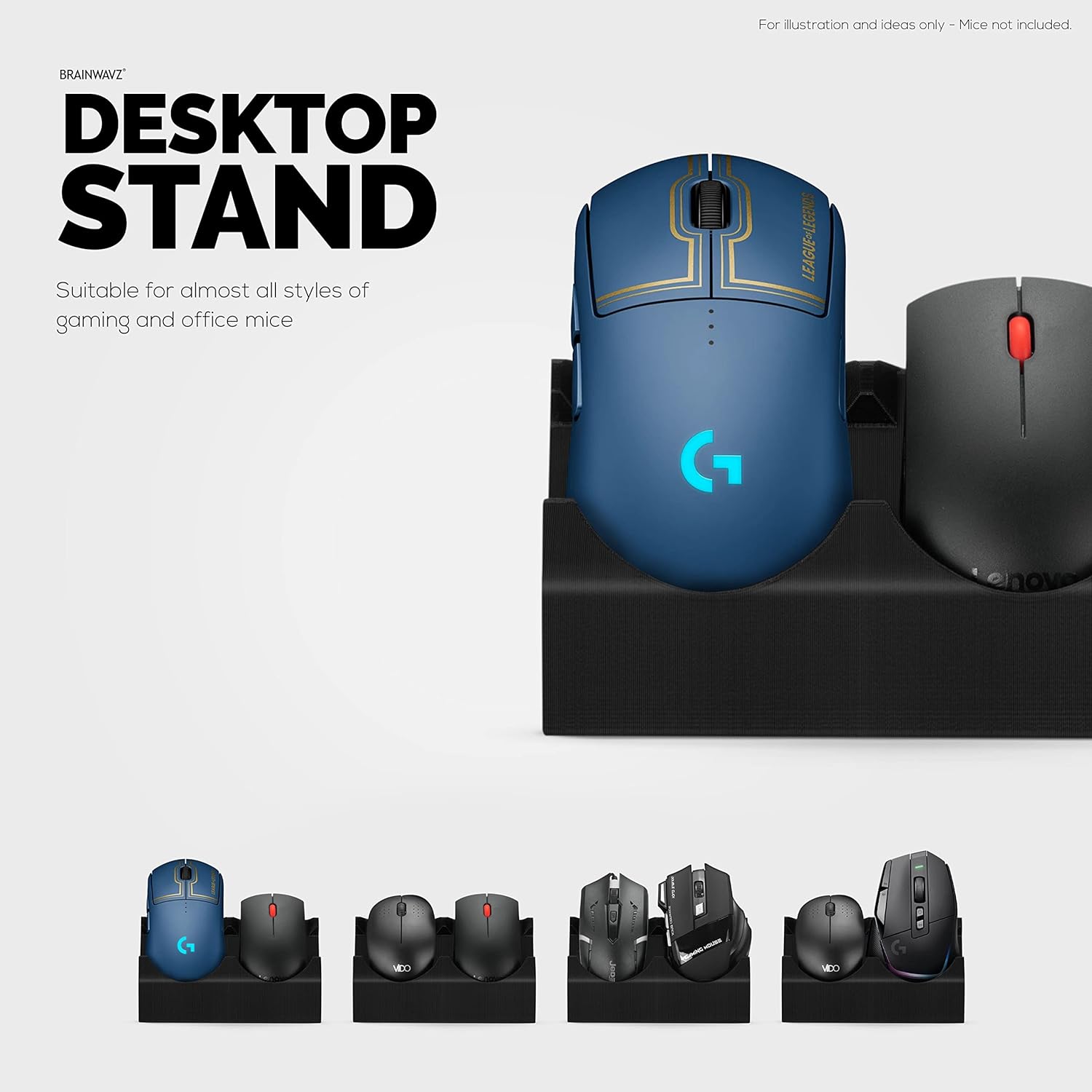 BRAINWAVZ Desktop Dual PC Mouse Stand Holder, Suitable for Small Or Large Gaming & Office Mice From Logitech, Razer, Corsair & More - Organize Your Work Or Game Space and Keep it Clutter-Free (DM01)