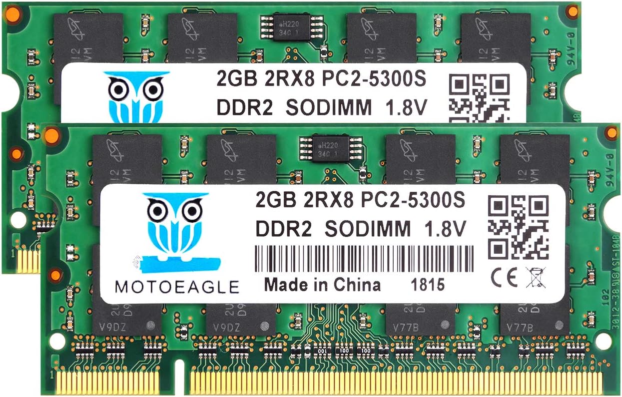 motoeagle PC2-5300 DDR2 667 Mhz Type RAM,DDR2 667Mhz SODIMM 4GB Kit (2GBX2) 2Rx8 PC2-5300S-555 CL5 200-Pin Non-ECC Notebook Laptop Memory Modules