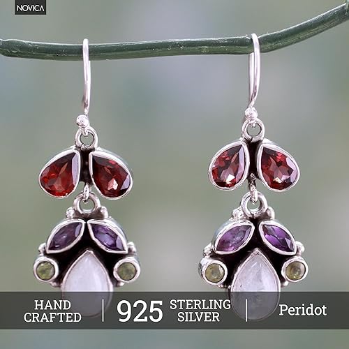 Miniatura 3 de NOVICA Aretes artesanales hechos a mano con piedra de luna de amatista, plata de ley 925, multigema de la India, granate, peridoto verde