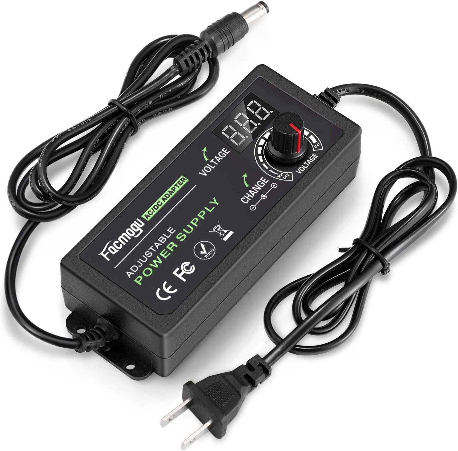 Facmogu 3V-12V 5A 60W Adjustable Power Supply with LED Display, Variable DC 3V 5V 6V 9V 12V Universal AC/DC Adapter, 100V-240V AC to DC 3-12V Switching Power Converter Multi-Voltage Regulated Adaptor
