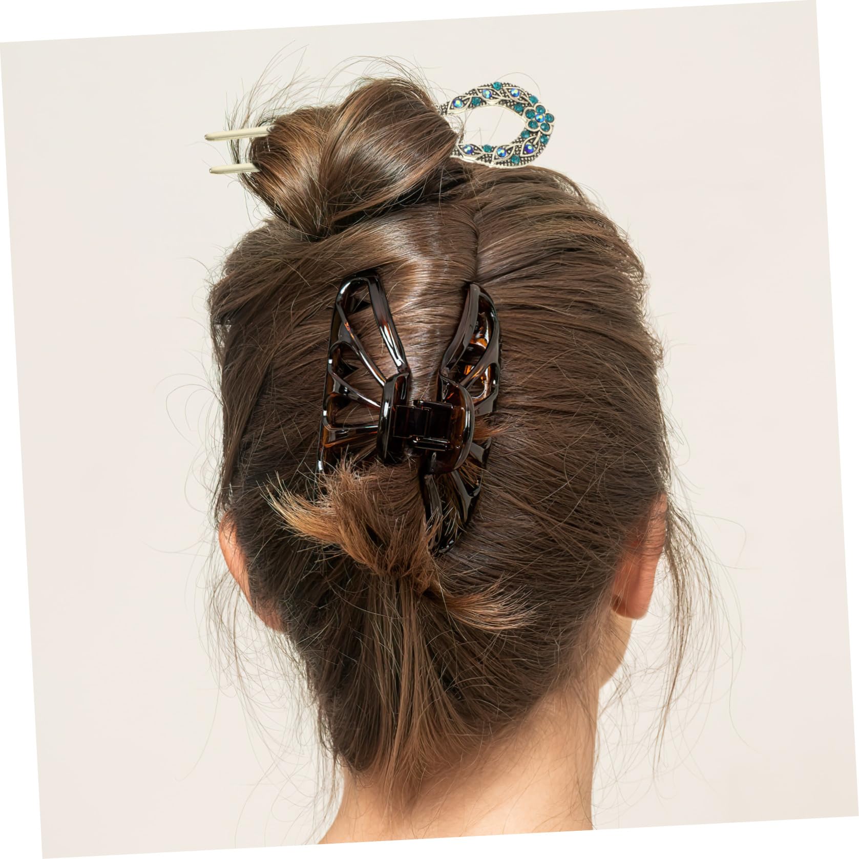 Forcina per Chignon a Doppia Punta Cristalli Incastonati Blu in Lega, Elegante Spilla per Chioma Donna, Accessorio per Feste Estive e Danze