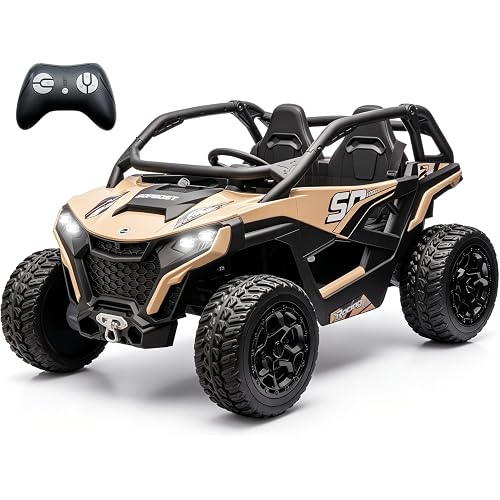XL 24V Real 2 Seater Kids UTV Ride-On Car with Remote Control 4x4 4WD Electric Vehicle for Kids 3-8 to Drive, Bluetooth Music, 4 Spring Suspension, 21.85" Spacious Seat - Quicksand