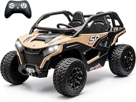 sopbost XL 24V Real 2 Seater Kids UTV Ride-On Car with Remote Control 4x4 4WD Electric Vehicle for Kids 3-8 to Drive, Bluetooth Music, 4 Spring Suspension, 21.85" Spacious Seat - Quicksand
