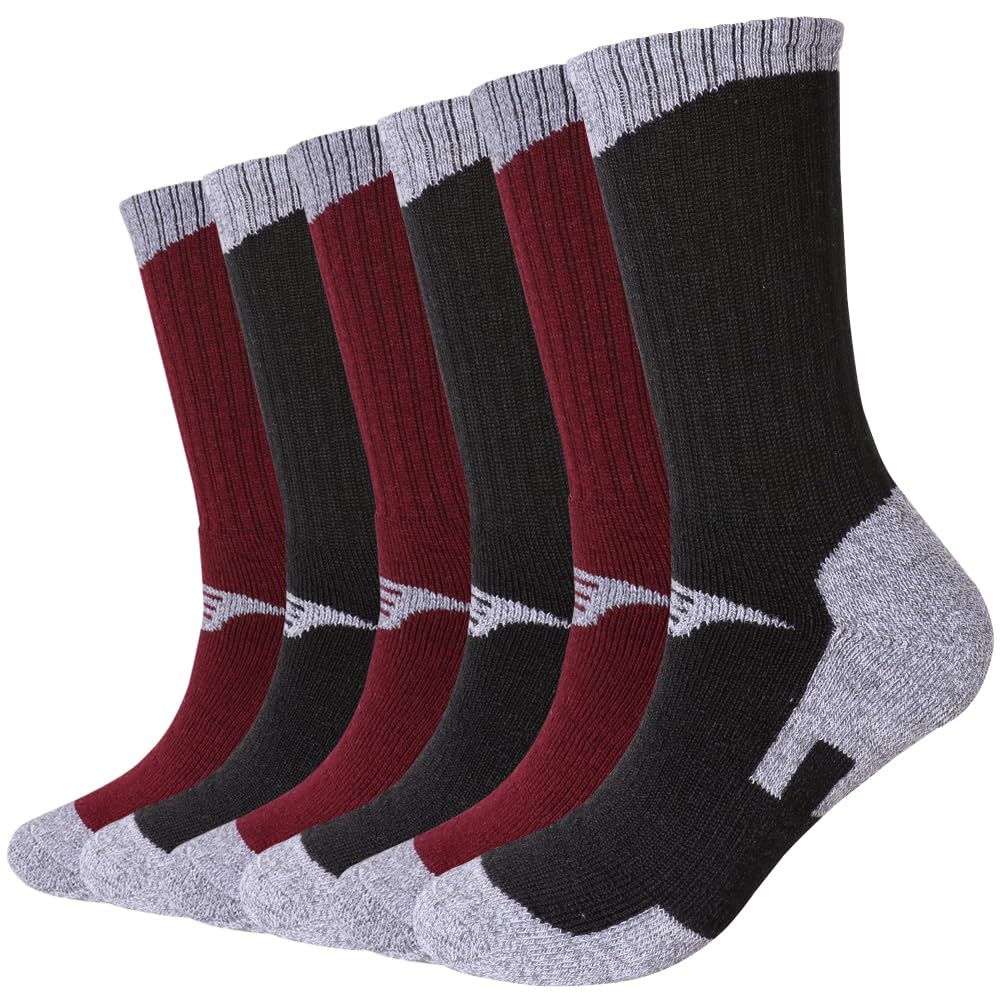 EnerWear 6 Pack Women's Wool Outdoor Hiking Trail Crew Sock (US 9-11, Wine/Black)