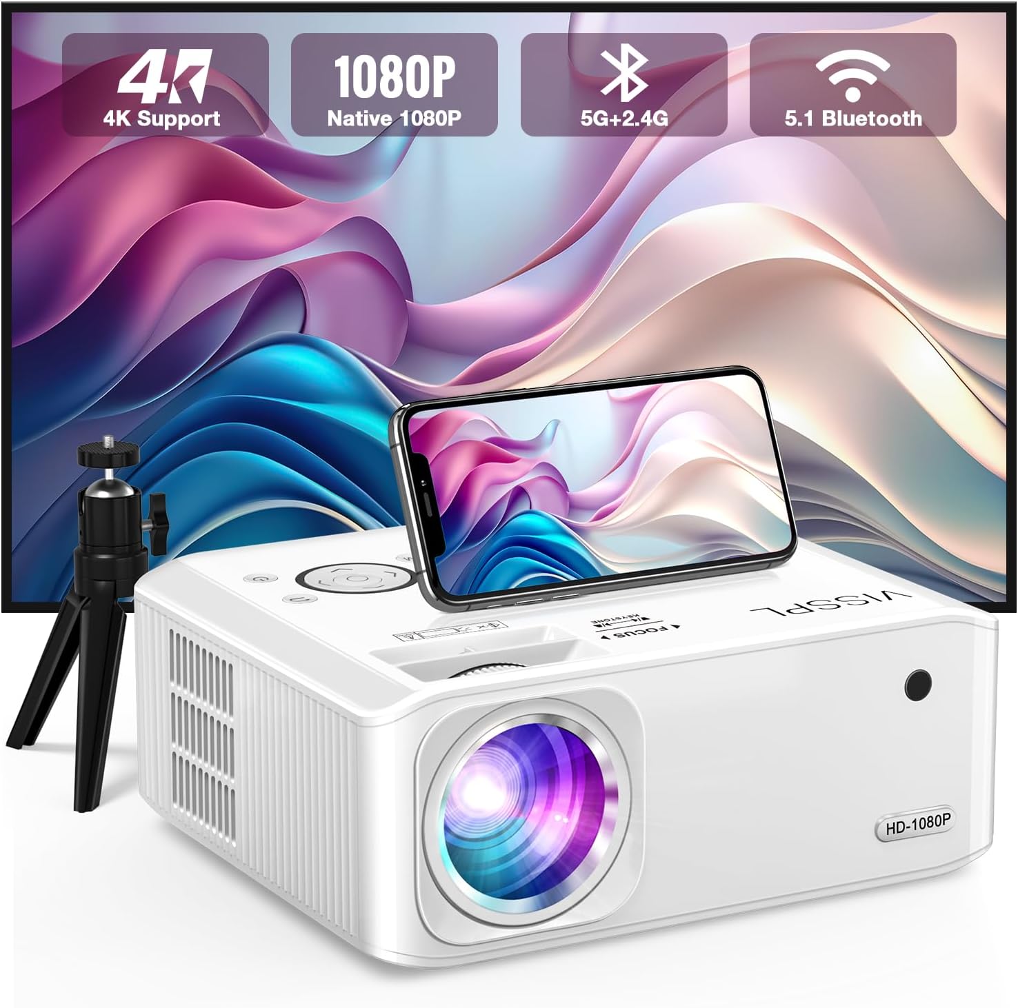 [6D/4P/4K] Projector with WiFi and Bluetooth, Electric Keystone 15000L 5G 4K Supported Projector, Max 400” Display, 50% Zoom Outdoor Projector for iOS/Android/HDMI/USB/TV Stick/PS5