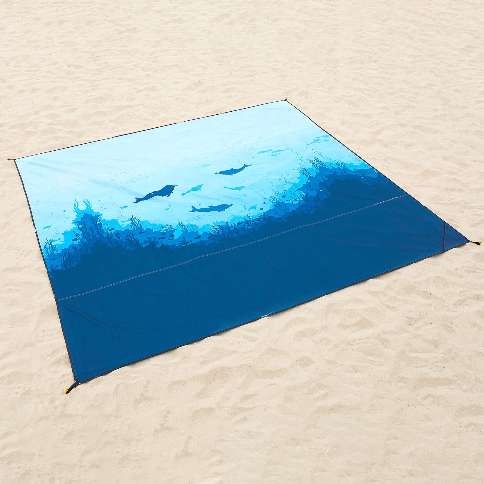 DEWUR Koc plażowy XXL, bez piasku, wodoszczelny koc plażowy, koc piknikowy, duży na urlop, plażę, kemping, podróże (300 x 290 cm, ryby morskie)