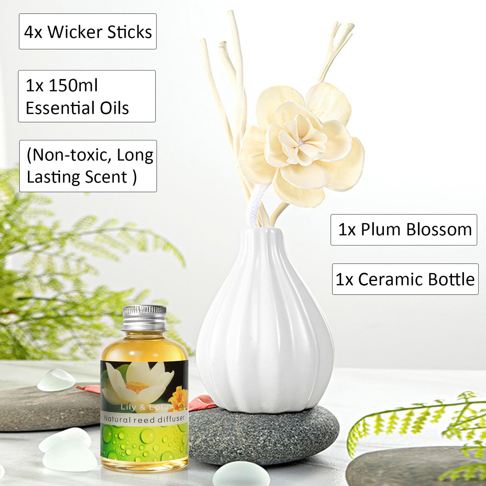 Zestaw dyfuzorów trzcinowych, naturalne patyczki, elegancka butelka ceramiczna, zestaw olejków do aromaterapii, zapach do domu i dekoracyjny dyfuzor (LilyLotus)
