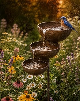 Rain Catcher Bird Bath, 3-Tier Rain Catcher Garden Stake, Bird Bath for Outside, Decorative Flower Bed Rainwater Collector, Outdoor BirdBath for Yards, Lawns, Gardens, Copper Copper