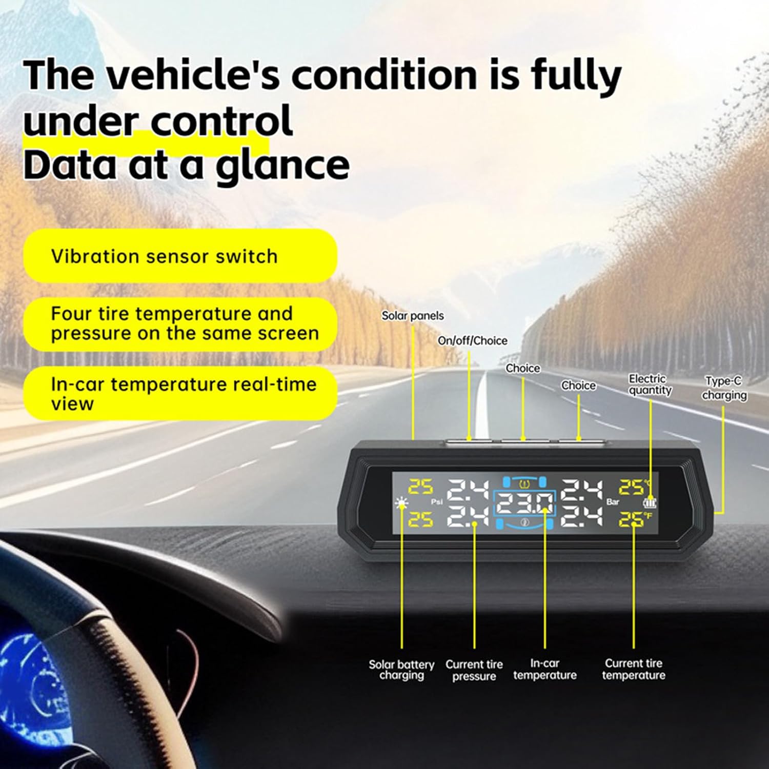 ordinarYone Sun Powered TPMS with Integrated Real-Time Tire Pressure and Temperature Sensors for Car Motorcycle