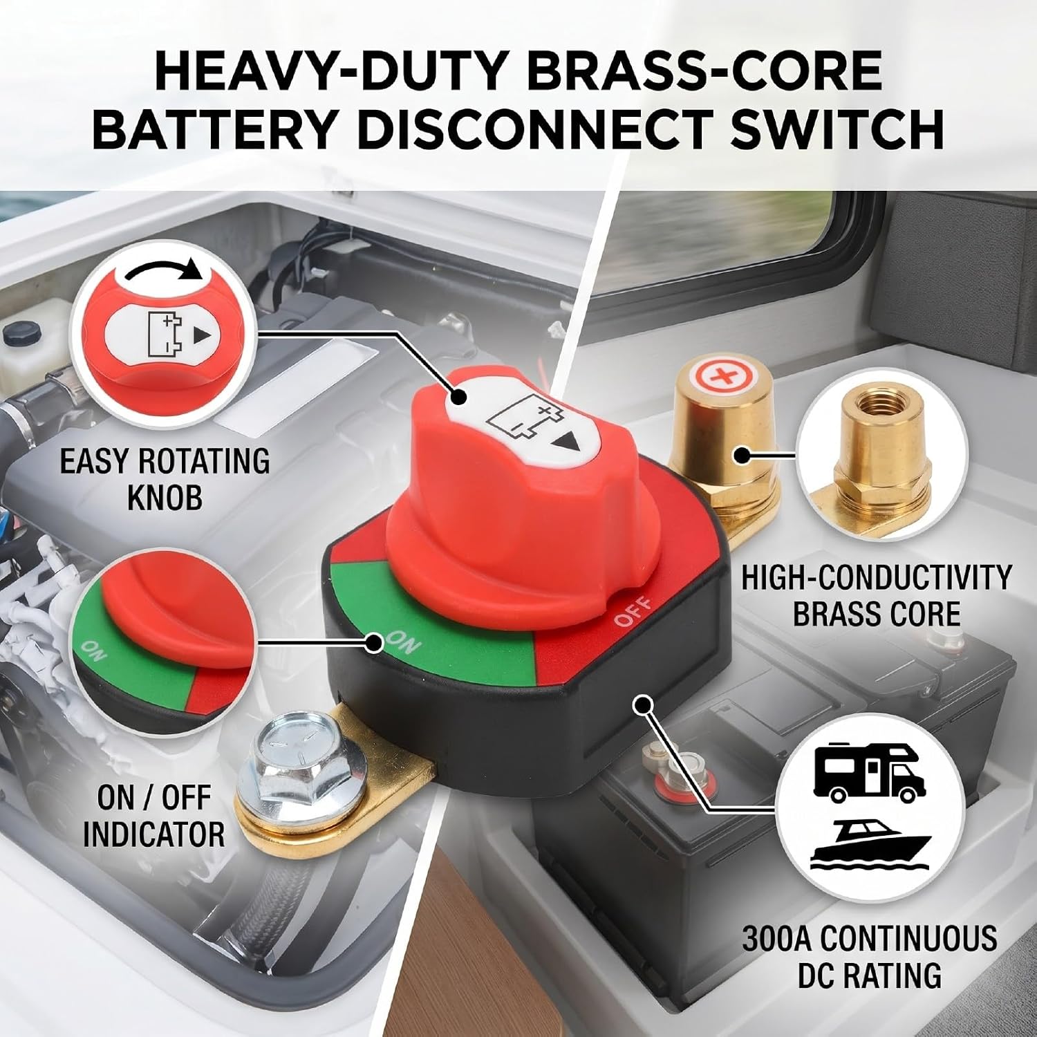 Fafeicy Battery Disconnect Switch 300A Brass Core Heavy Duty for RV Marine Car Boat ATV UTV Truck Easy Operation Safe Isolation for 12V 48V Systems