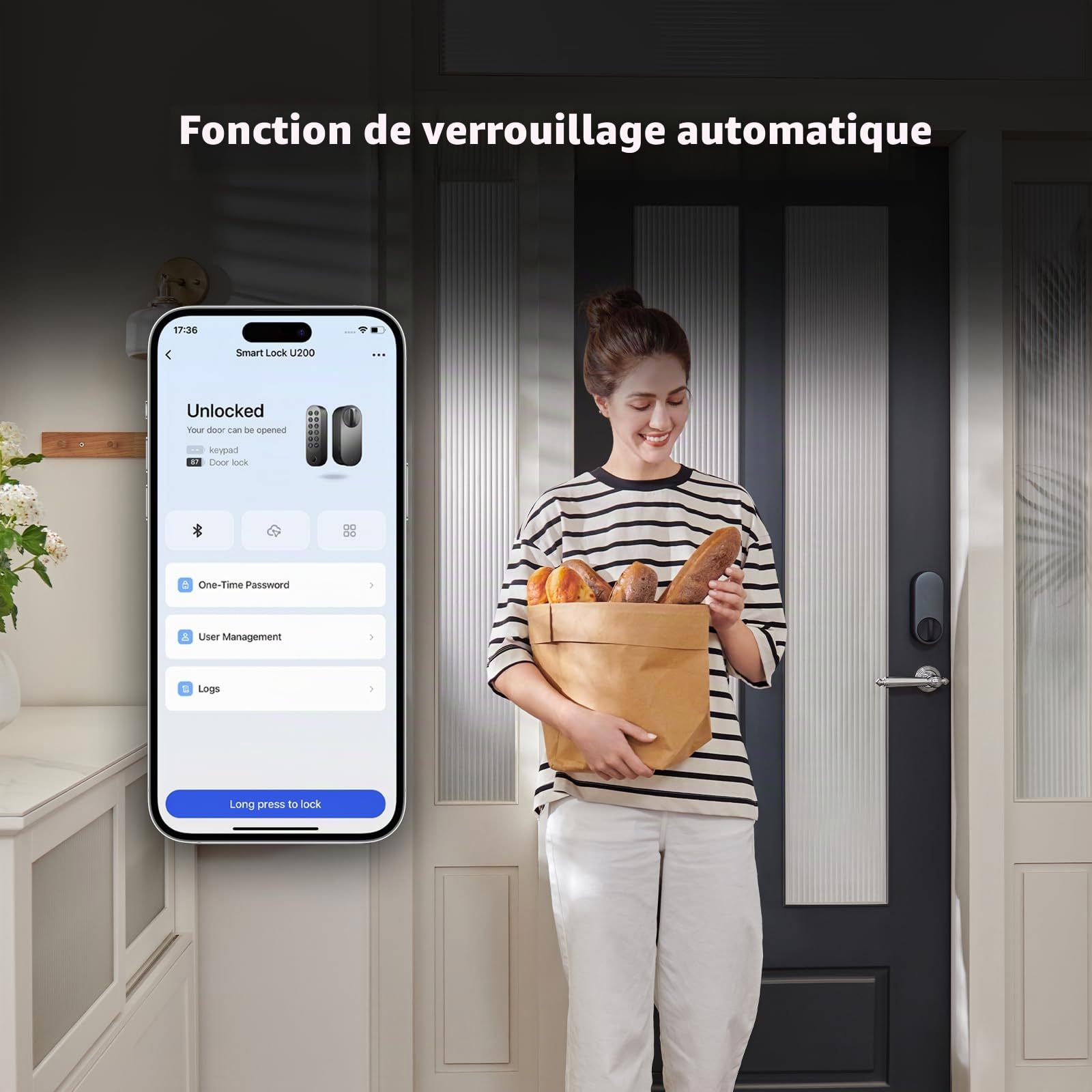 Aqara Smart Lock U200 (avec empreinte digitale), Matter Over Thread, serrure de porte intelligente avec clé Apple Home et batterie rechargeable, prend en charge Homekit, Google Home, Alexa et